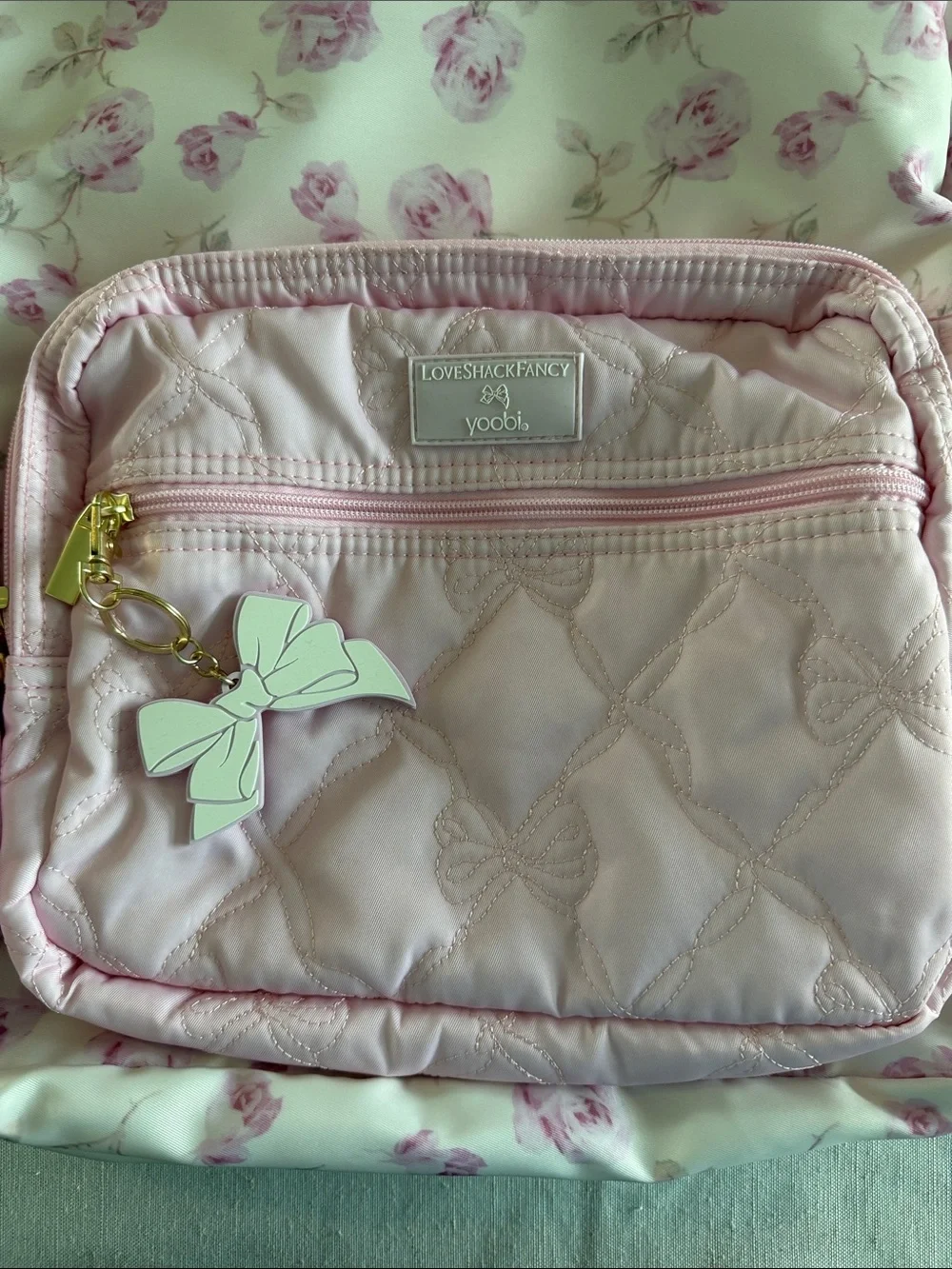 LoveShackFancy Pink Floral Quilted Kids Backpack with Bow Charm